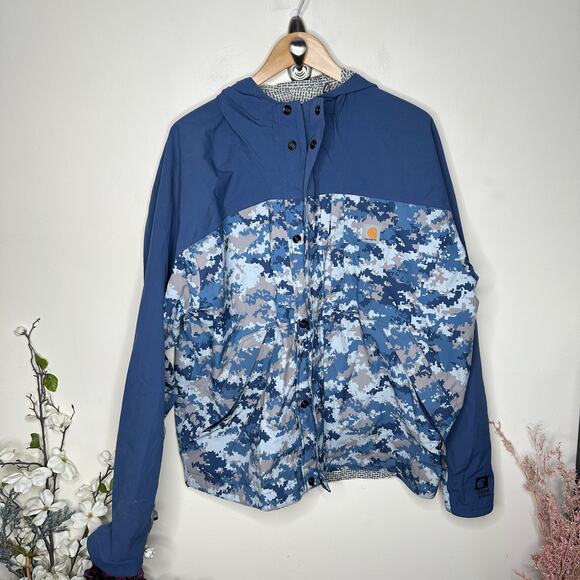 CARHARTT Waterproof Shoreline Vapor Jacket Dark Blue Digi Camo Sz L {B44} - Picture 2 of 8